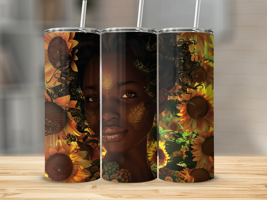 Tumbler with portrait of a woman adorned with sunflowers and gold designs.