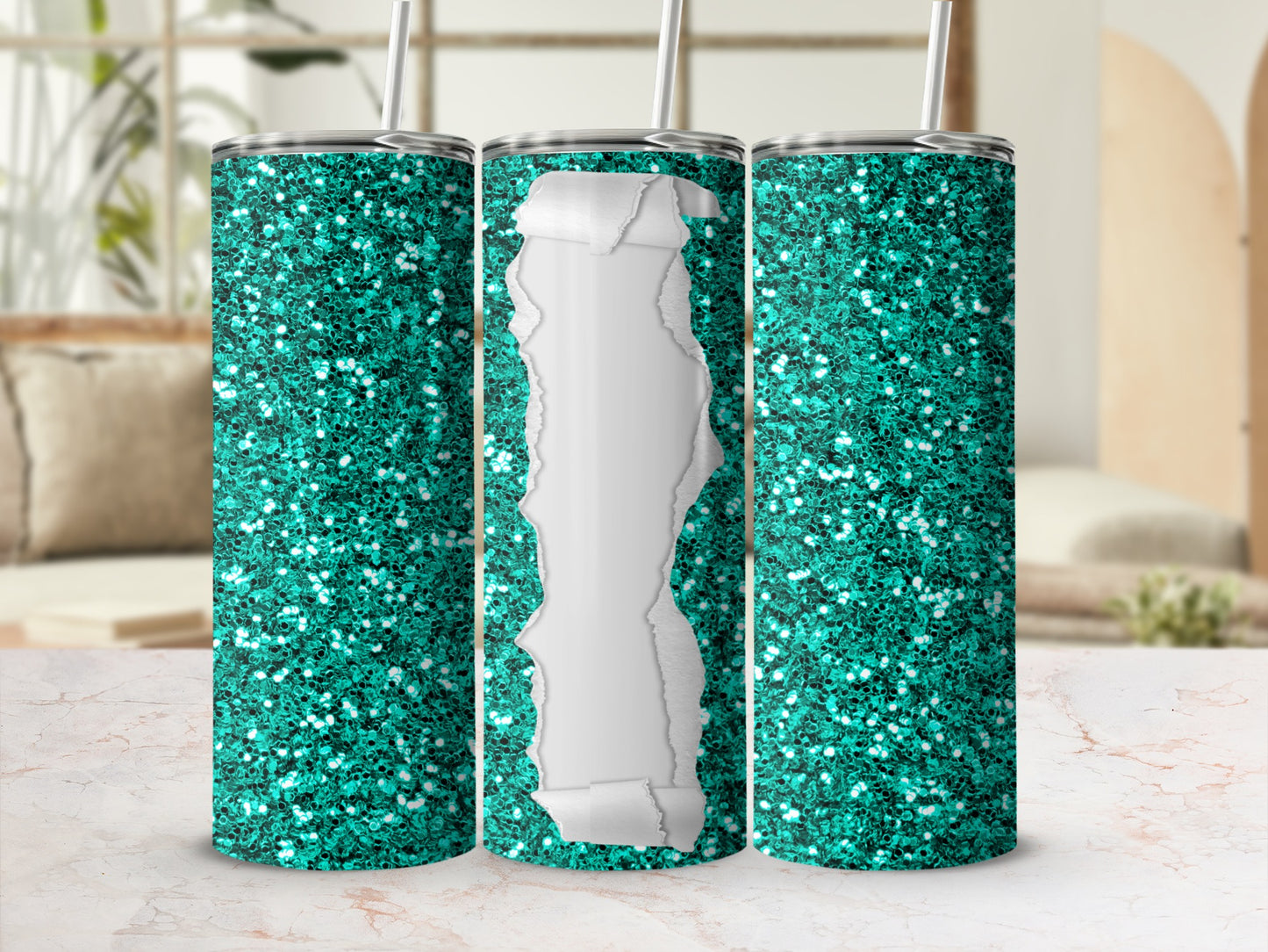 Teal glitter skinny tumbler with torn paper overlay and straw.