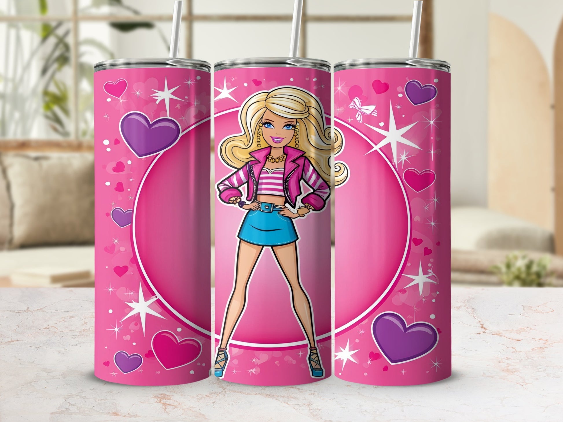 Barbie on pink tumbler with hearts and stars design.