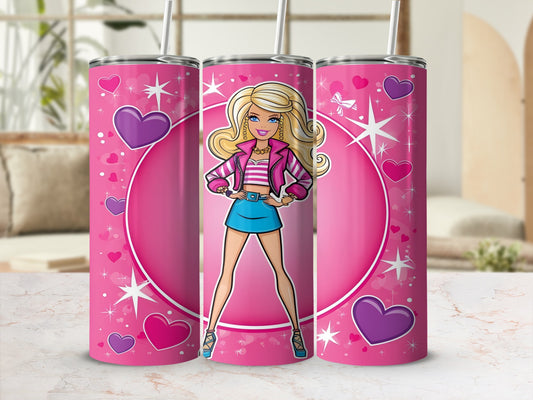 Barbie on pink tumbler with hearts and stars design.