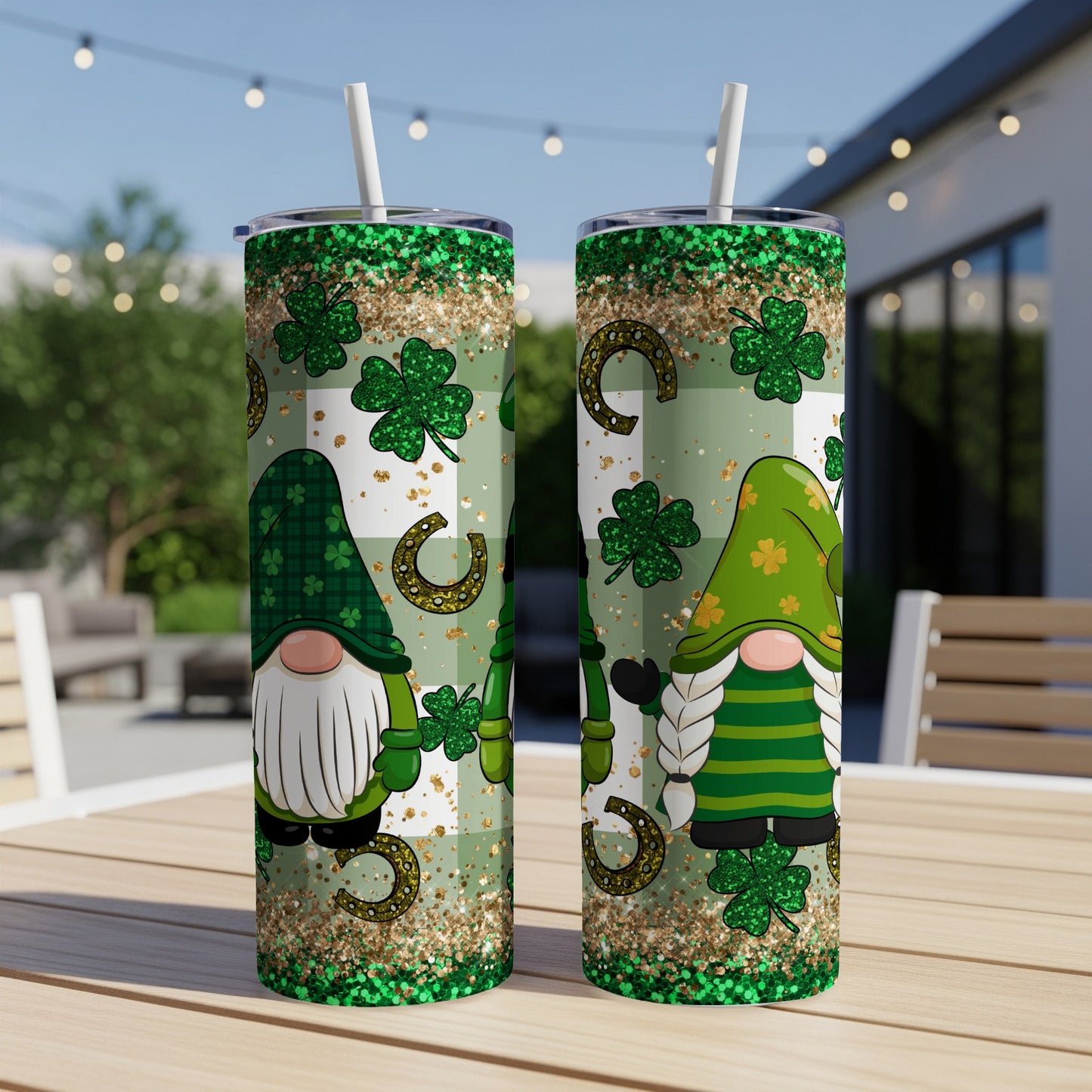 St. Patrick's Day tumblers with gnomes, shamrocks, and horseshoes.