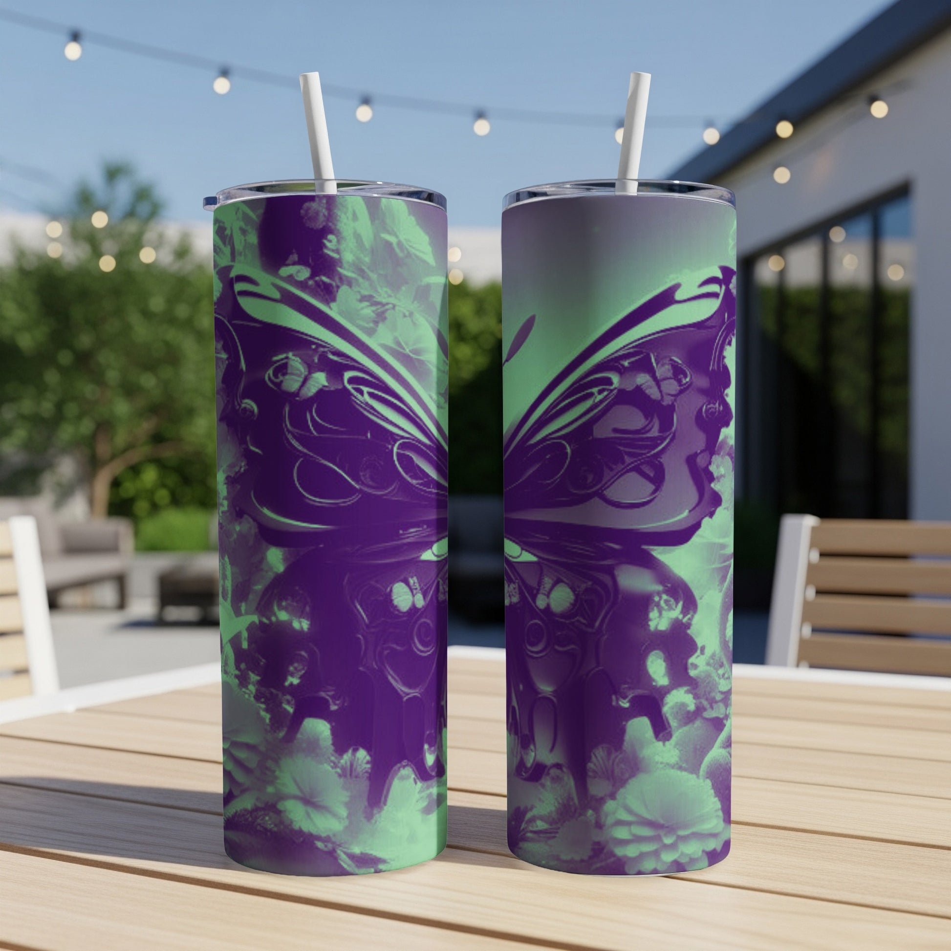 Purple and green butterfly and floral design on two tumblers with straws.