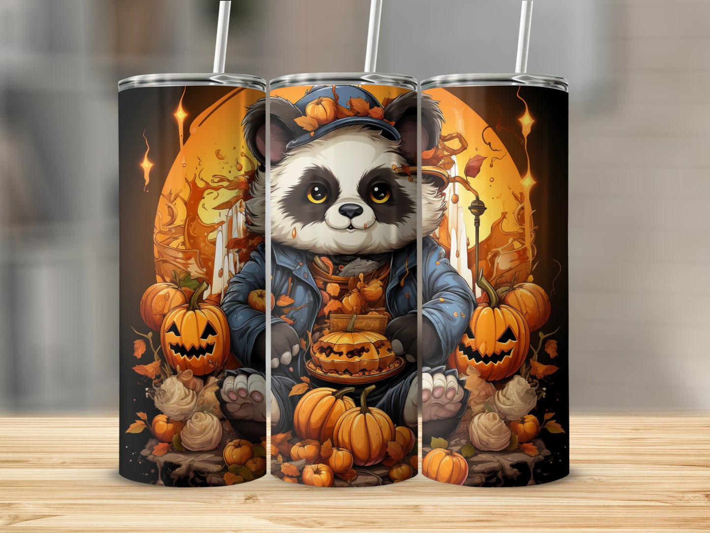 Panda in blue jacket with pumpkins and fall leaves, Halloween theme.