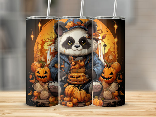 Panda in blue jacket with pumpkins and fall leaves, Halloween theme.