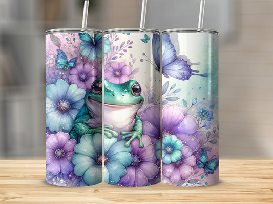 Whimsical Frog with Pastel Flowers and Butterflies Tumbler