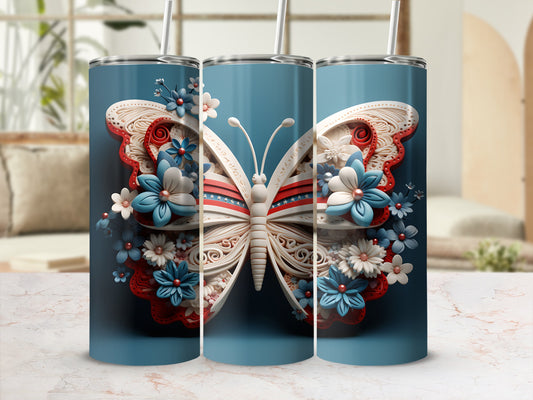 Tumbler featuring a butterfly design with patriotic red, white, and blue floral accents.