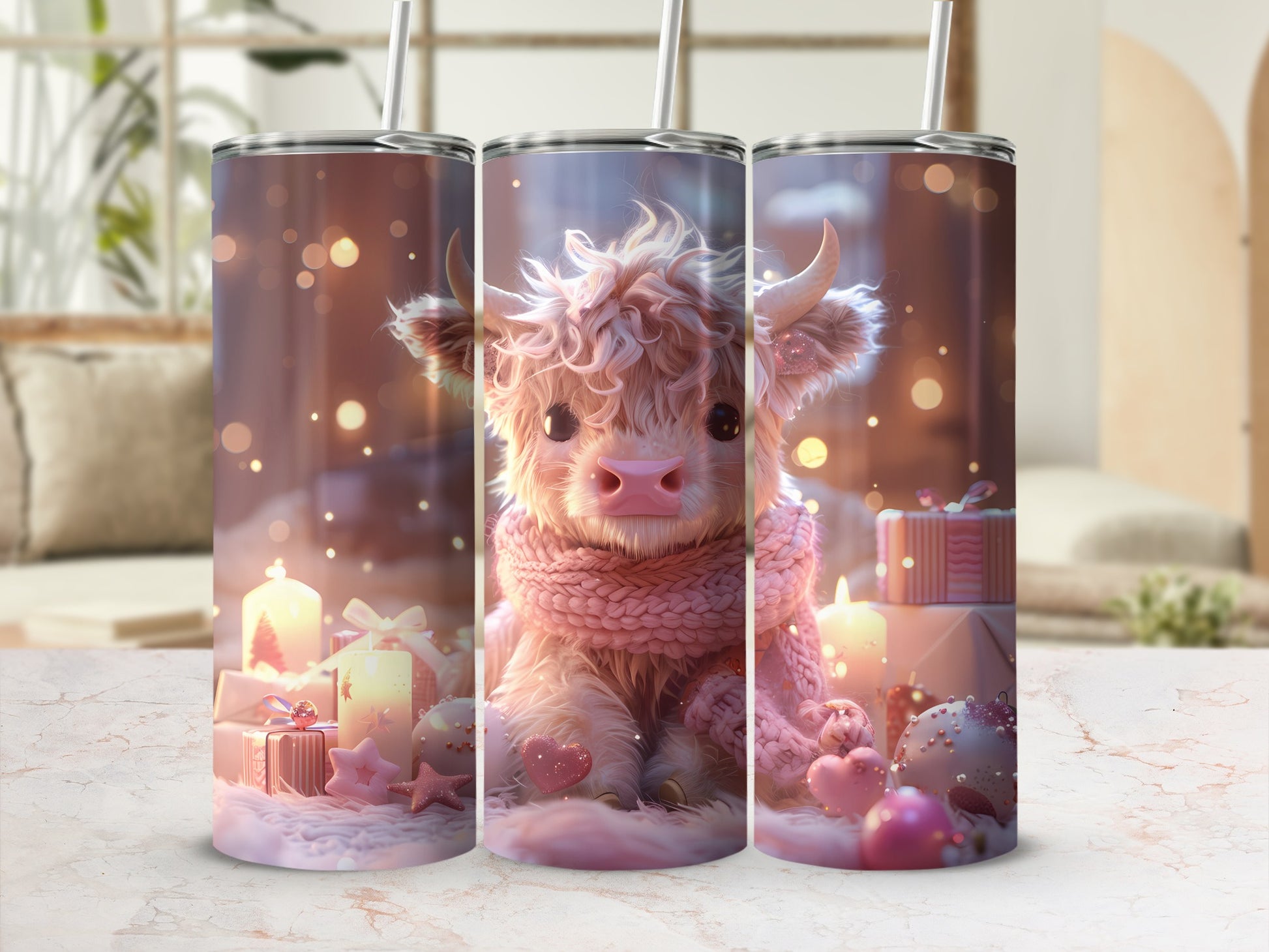 Fluffy Highland cow wearing a pink scarf, with gifts and candles.