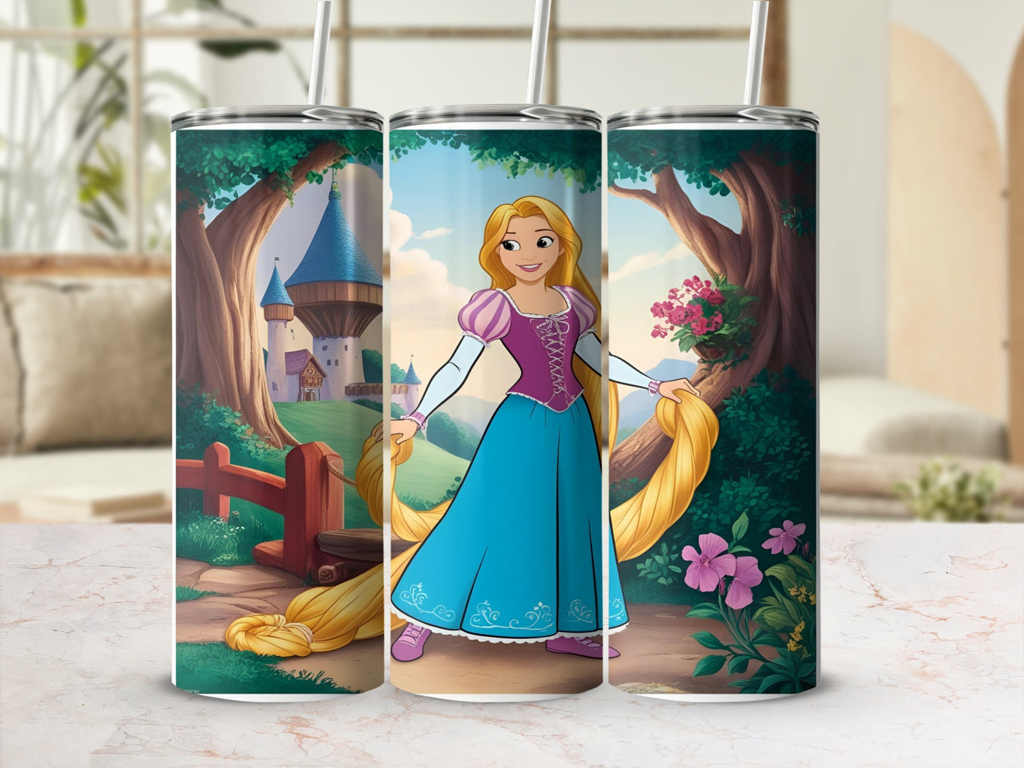Rapunzel from Tangled holding her long blonde hair in a castle garden.