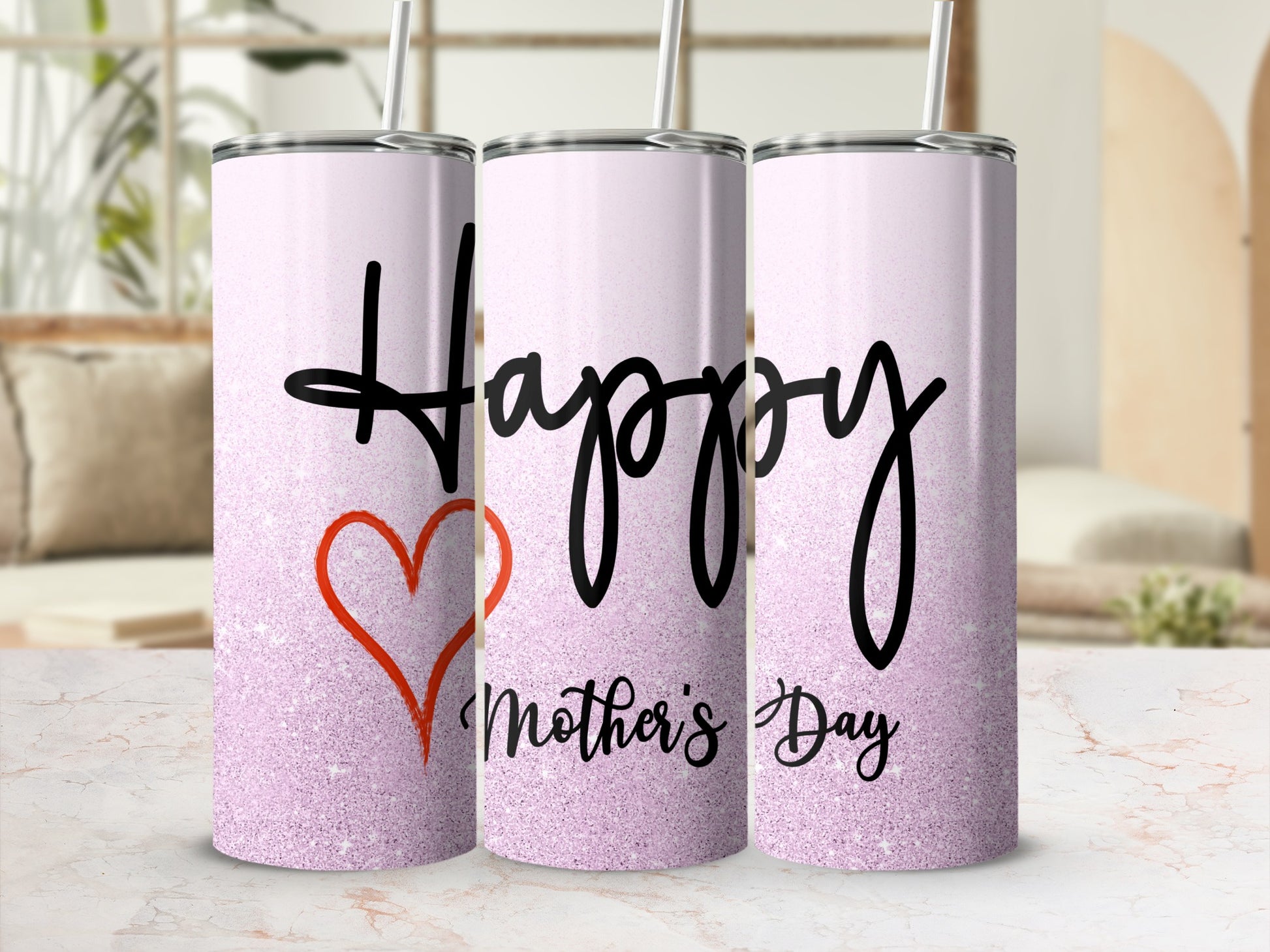 Pink glitter tumbler with "Happy Mother's Day" and red heart design.