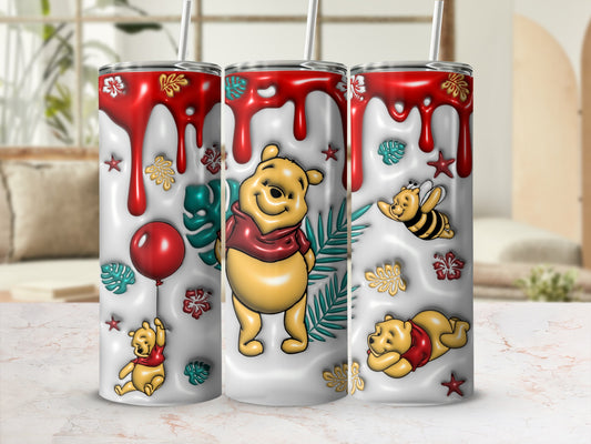 Winnie the Pooh characters with leaves and red drips on three tumblers.