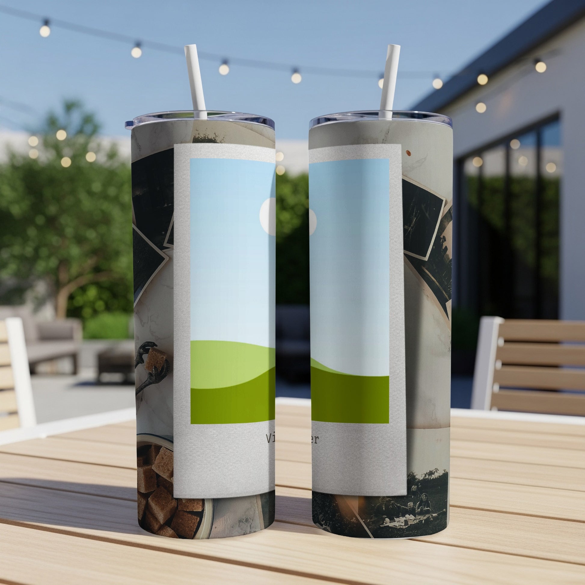 Two tumblers with a marble and photo collage design, set outdoors on a table.