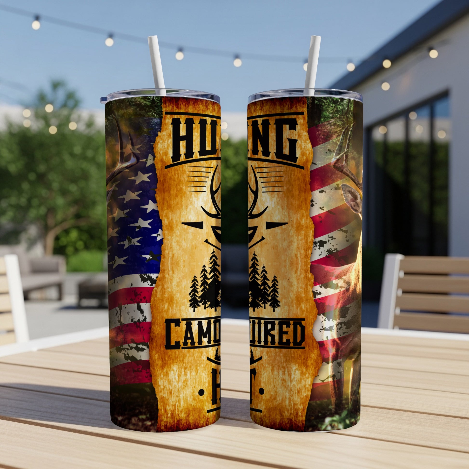 HUNTING CAMOUFLAGED AMERICA patriotic tumbler with deer antlers and pine trees.