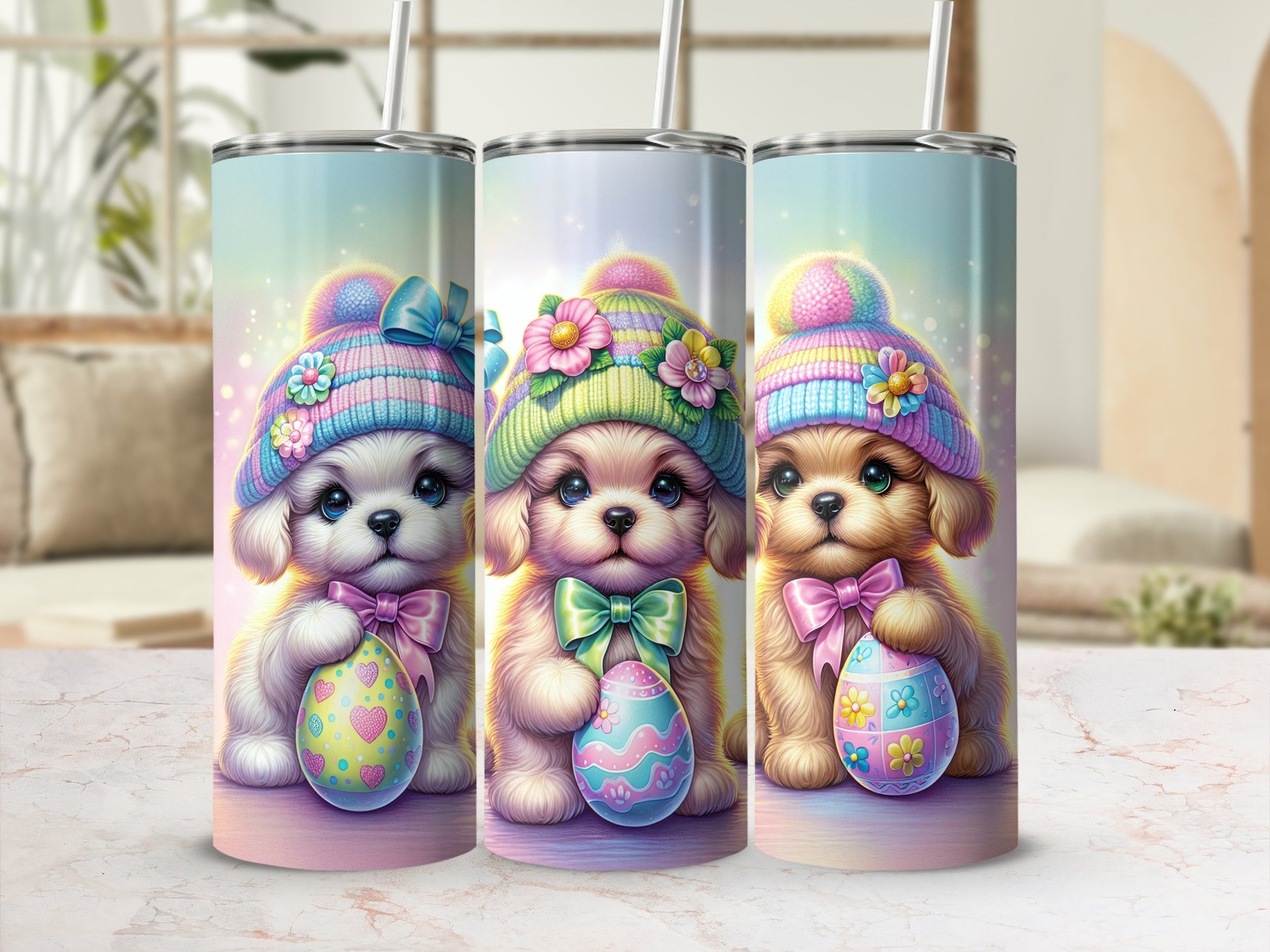 Three skinny tumblers featuring cute puppies holding Easter eggs.