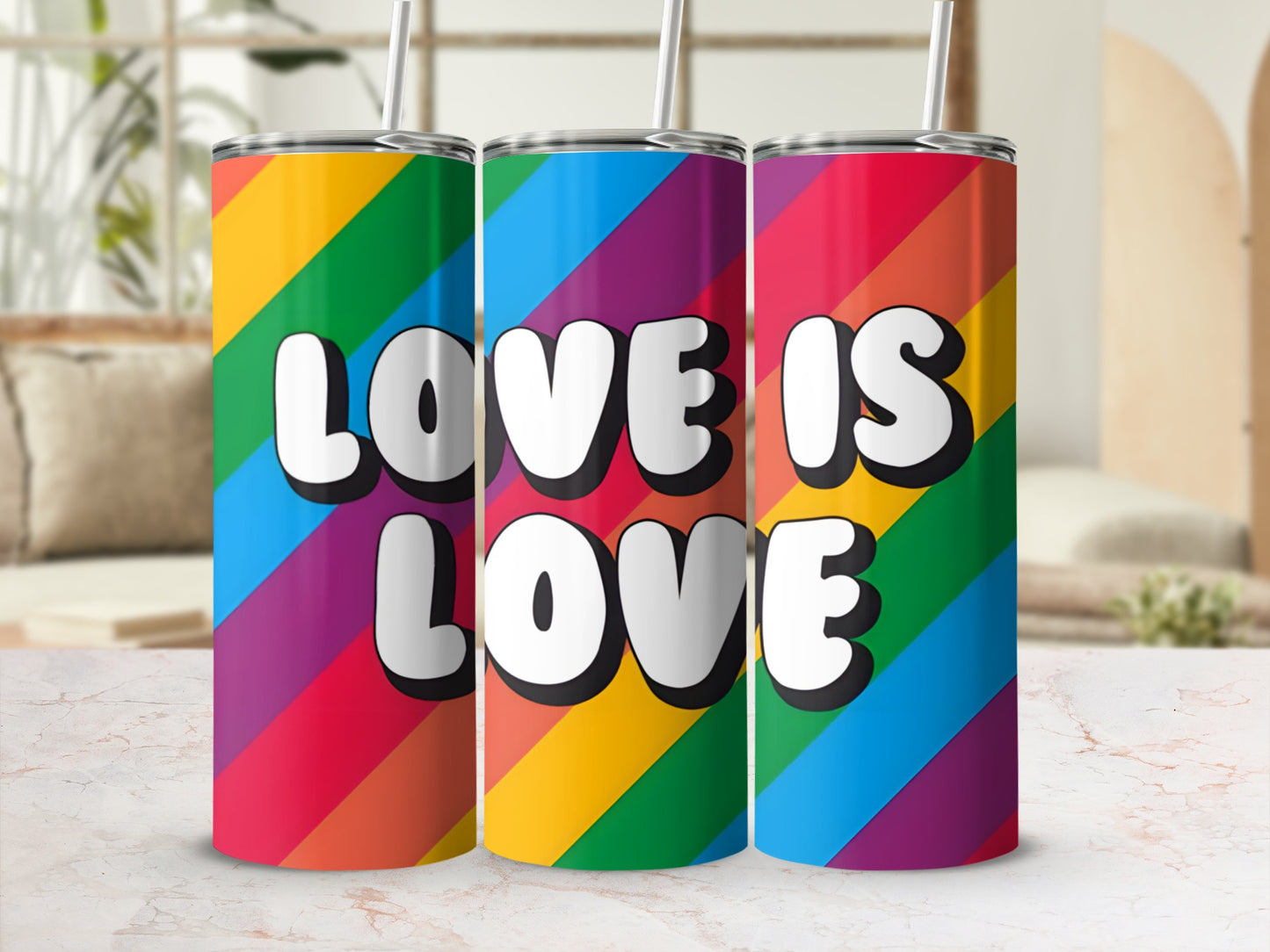 Three tumblers with rainbow stripes and "LOVE IS LOVE" text.