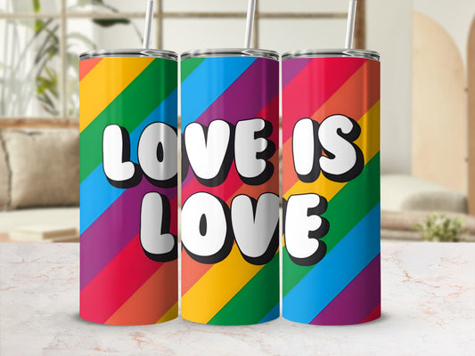 Three tumblers with rainbow stripes and "LOVE IS LOVE" text.