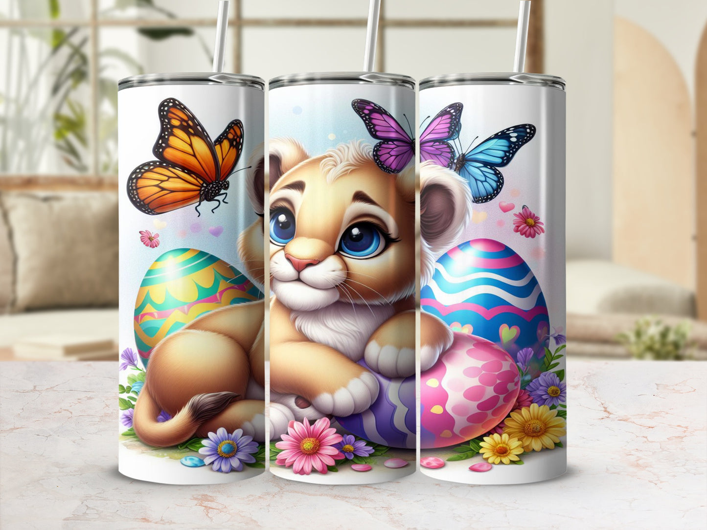 Cute lion cub with colorful Easter eggs and butterflies on a tumbler.