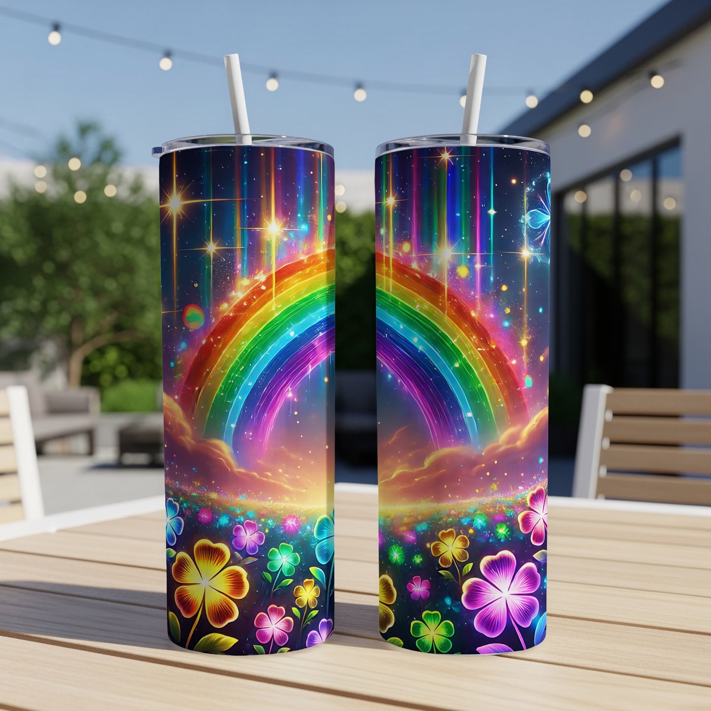 Rainbow and clover pattern on two tumblers with straws.