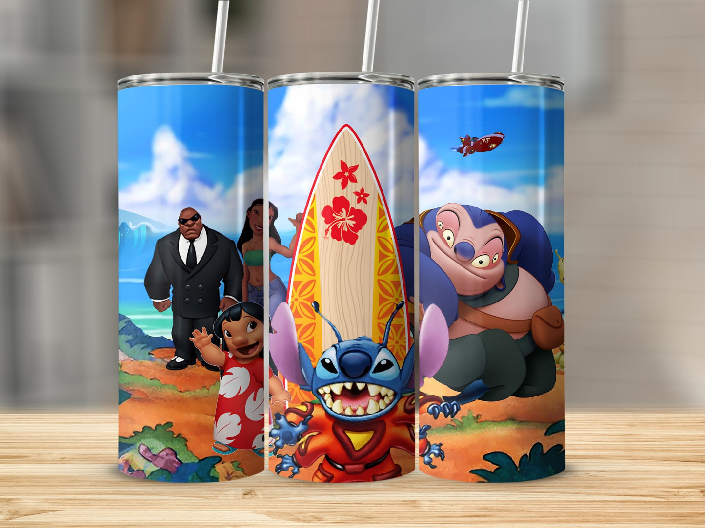 Vibrant Tropical Themed Tumbler with Surfboard Design