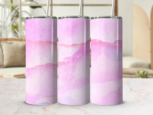 Pink watercolor abstract pattern on three tumblers with straws.
