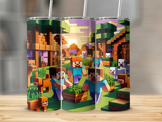 Minecraft characters and animals in a pixelated village setting.