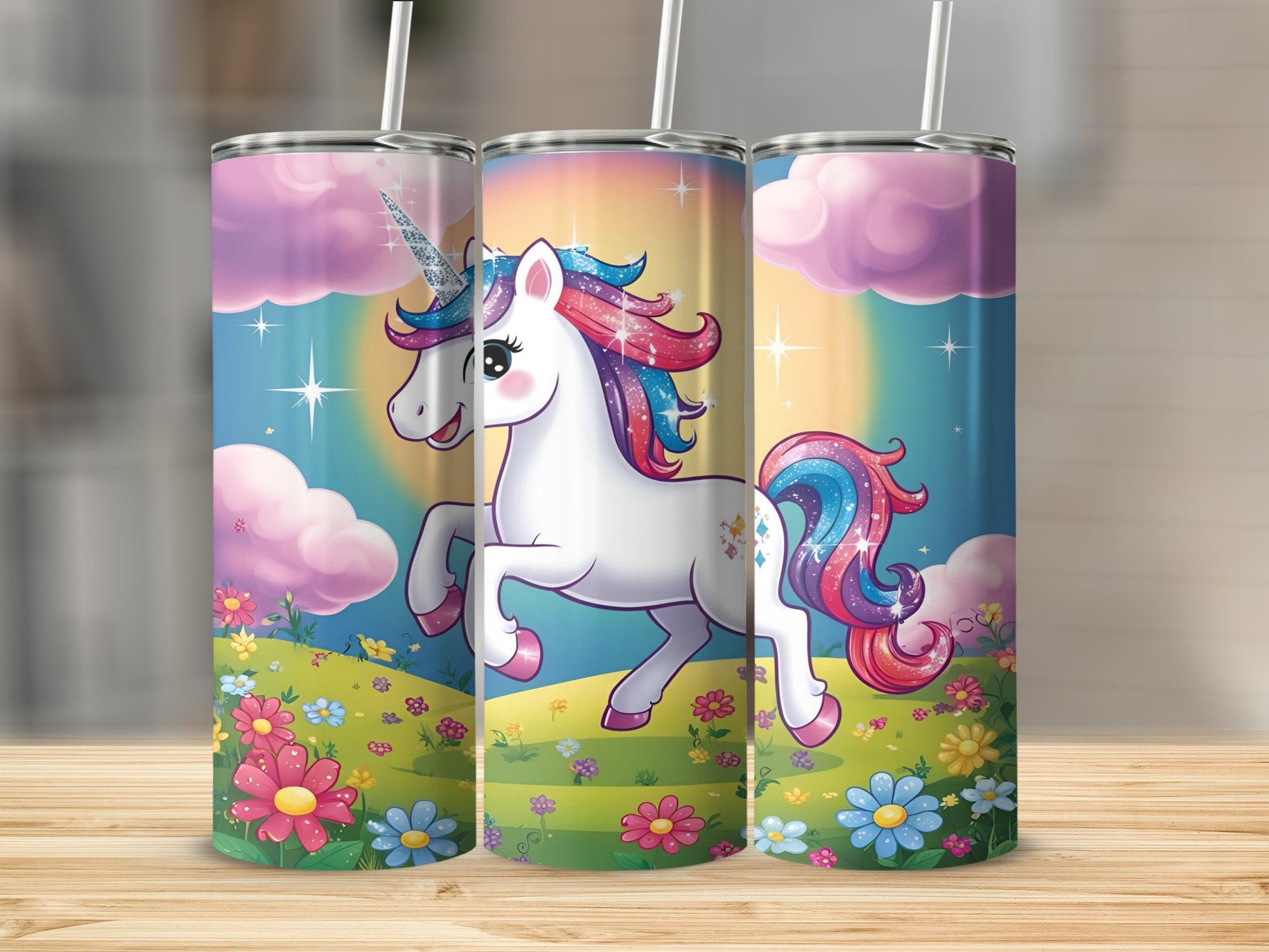 Cartoon unicorn with rainbow mane and tail on grassy hill with flowers.