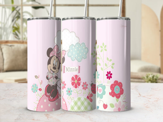 Pink tumbler with Minnie Mouse, flowers, clouds, and ladybugs.