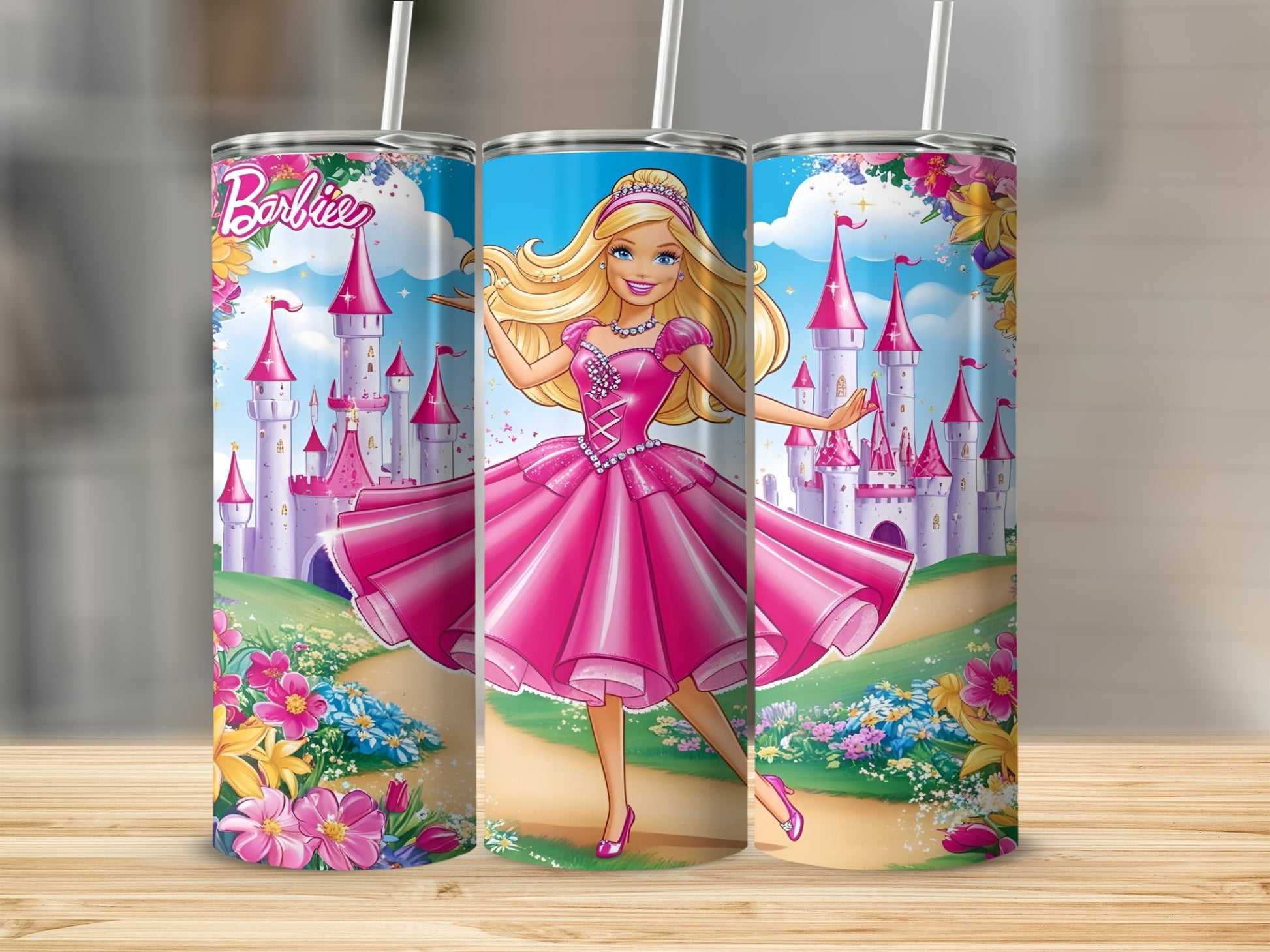Barbie in a pink dress in front of a castle, surrounded by flowers.