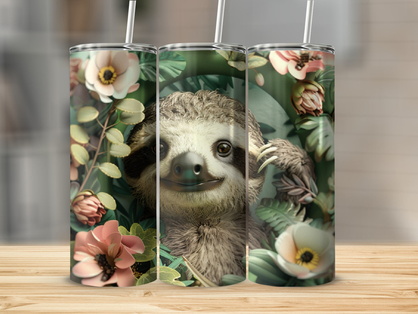 Sloth peeking through tropical leaves and flowers on a skinny tumbler.