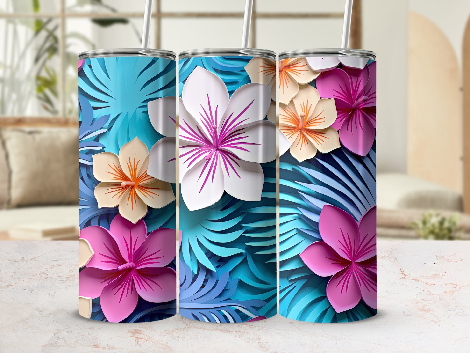 Vibrant Tropical Floral Design on Drinkware Tumblers