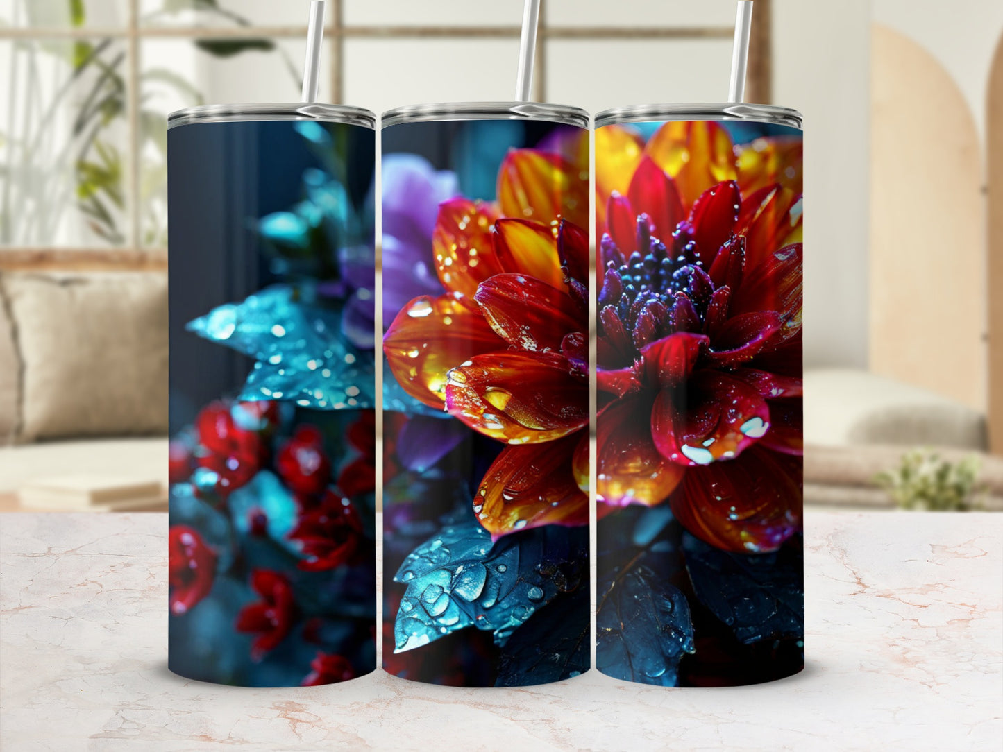 Three tumblers with close-up, water-dampened red and orange dahlia flowers.