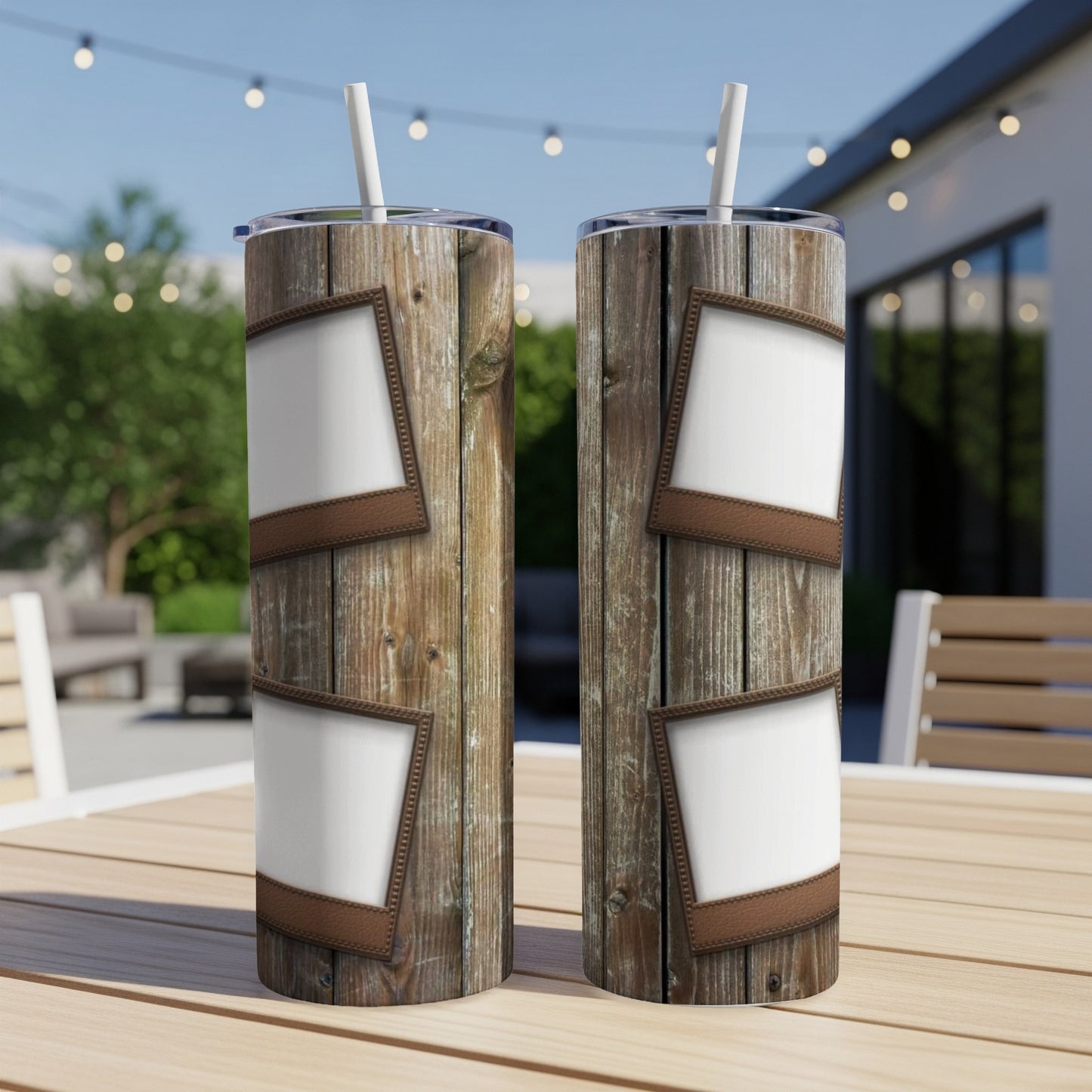 Two tumblers with wooden design and leather accents stand on a table.