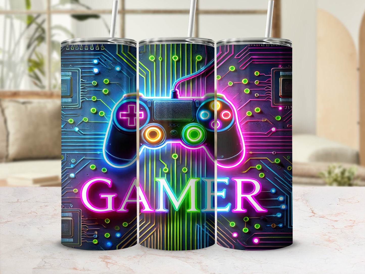 Tumbler with neon circuit board and video game controller design, "GAMER" text.