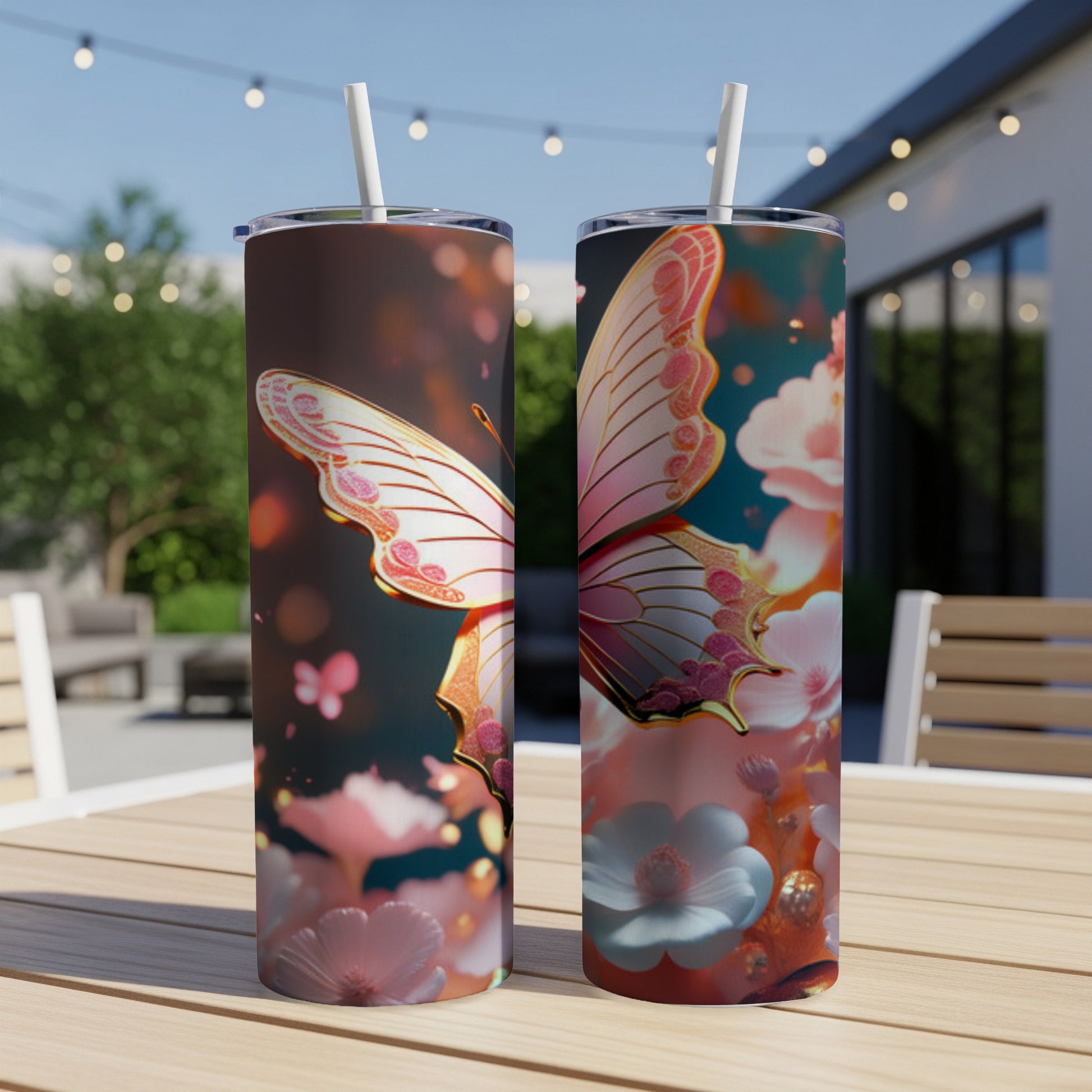 Two tumblers with pink butterfly and floral design.