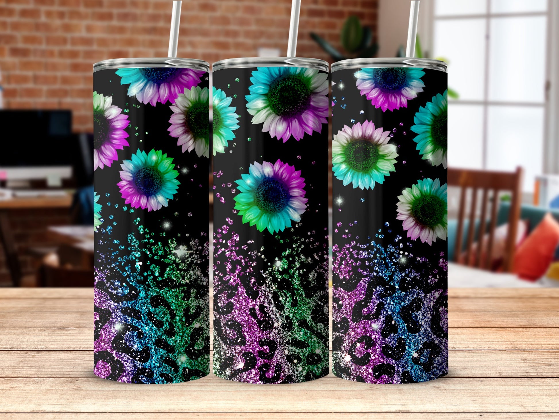 Vibrant Floral Tumblers with Colorful Sparkle Design