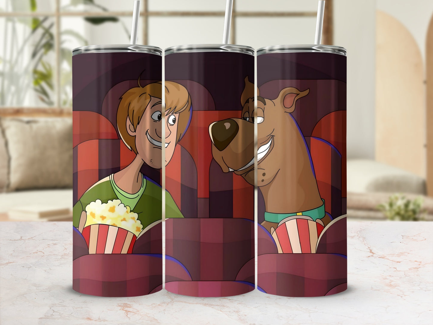 Scooby-Doo and Shaggy watching a movie at the cinema with popcorn.