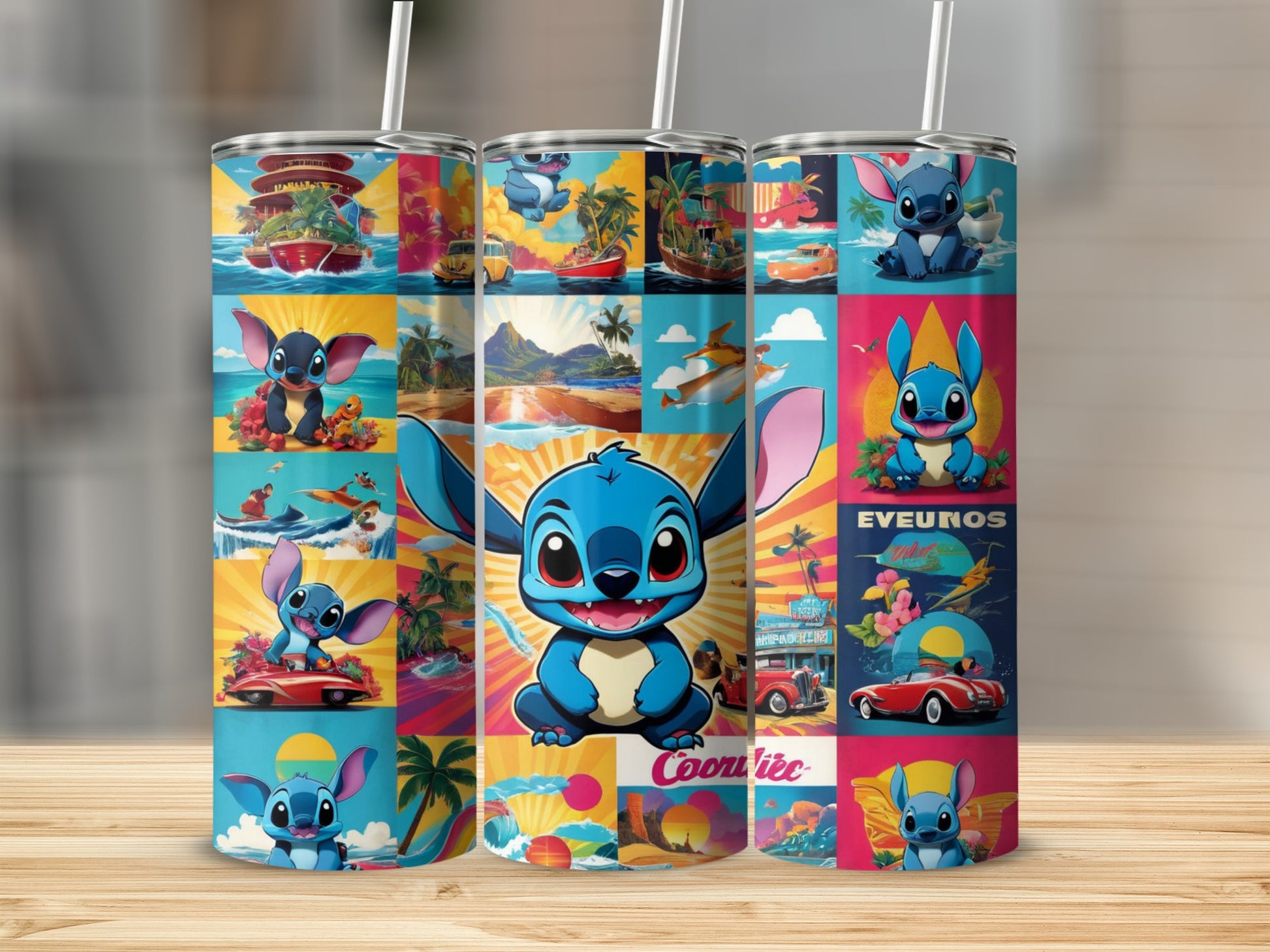 Stitch collage tumbler with tropical and vintage car scenes.