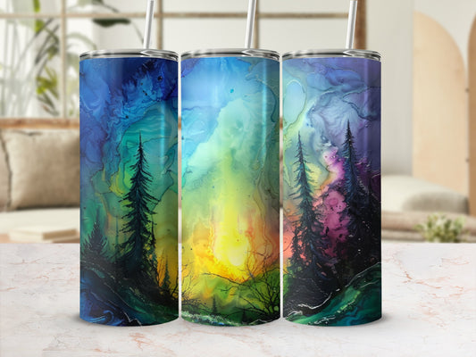 Three tumblers with a vibrant, abstract forest and sky design.