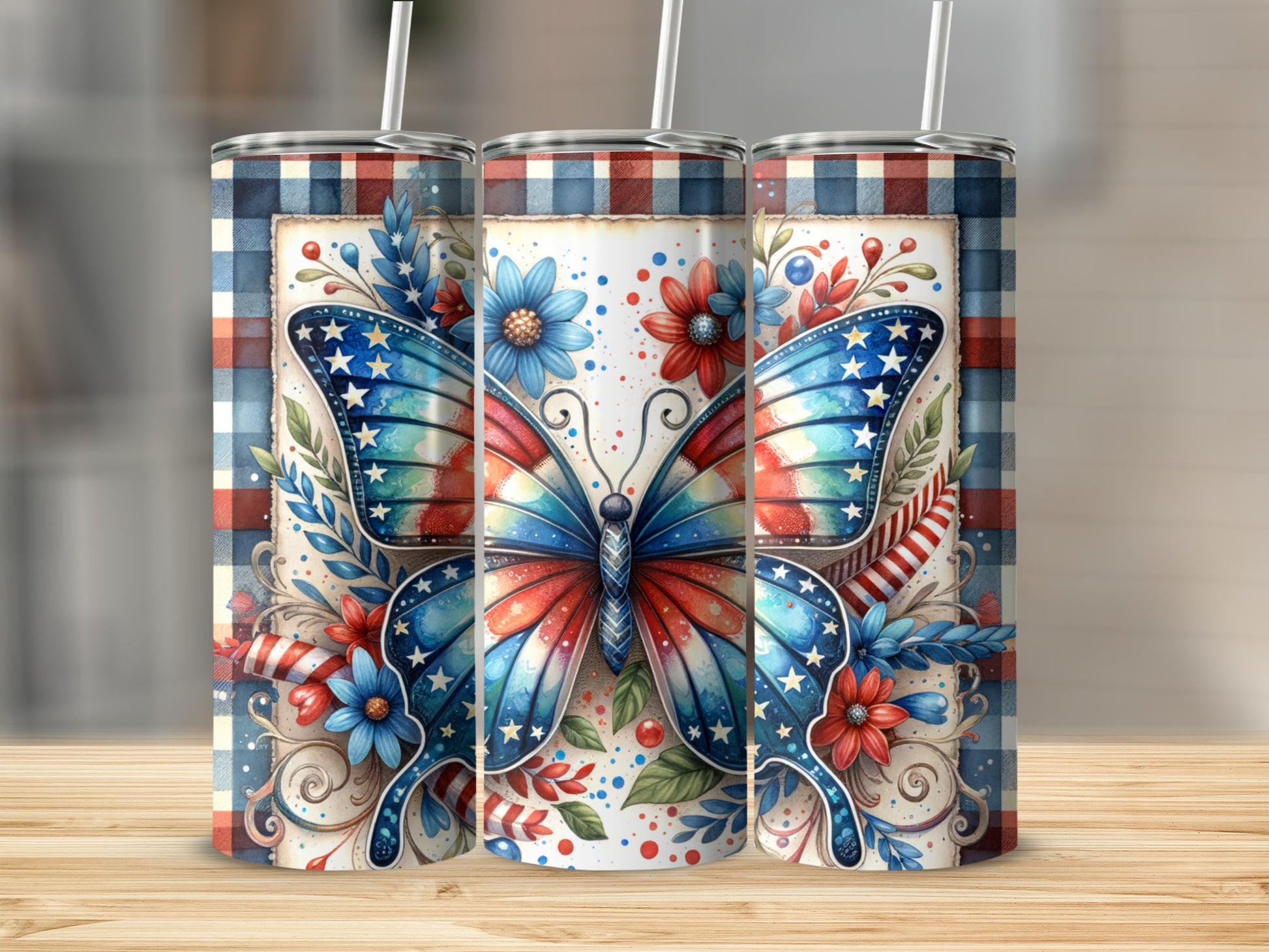 Butterfly design on three cylindrical tumblers with patriotic red, white, and blue theme.