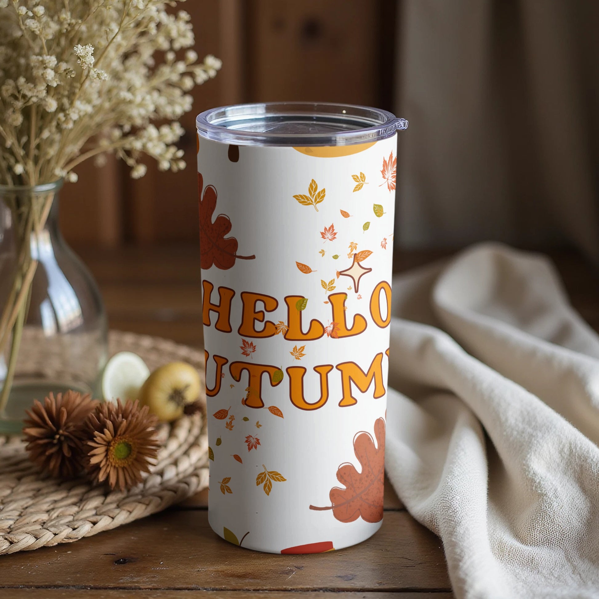 Hello Autumn Themed Tumbler with Leaf Design