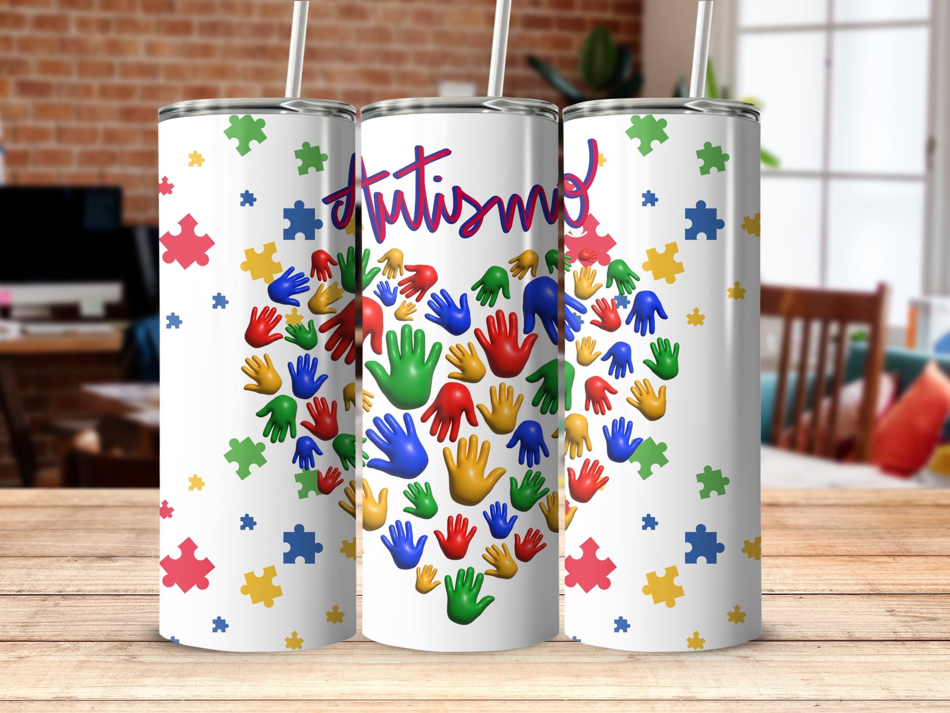Multicolor Autism Awareness Puzzle and Hand Design Tumbler