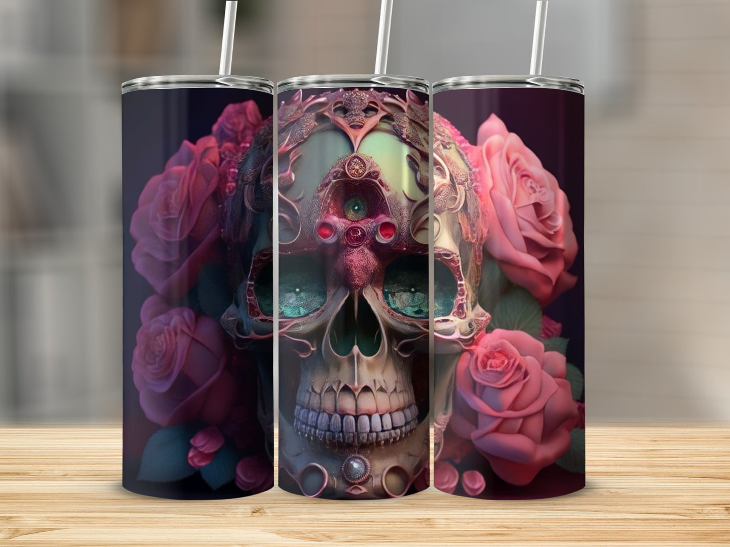 Gothic skull with pink roses design on three tumblers.
