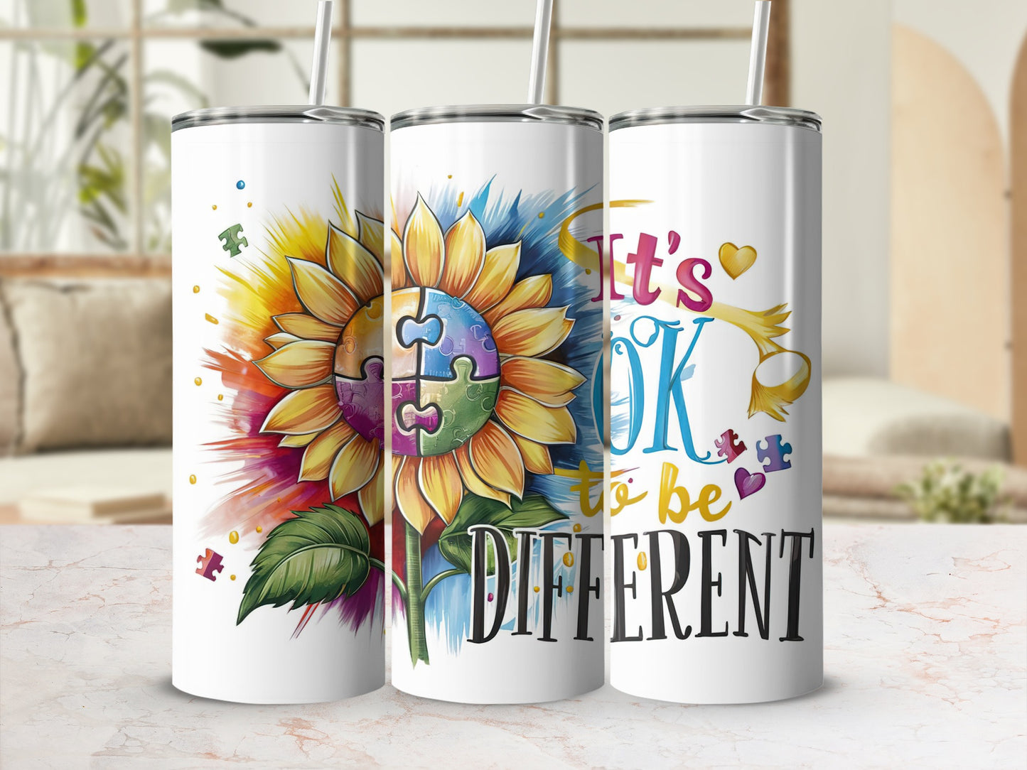 Sunflower puzzle design with "It's OK to be DIFFERENT" text.