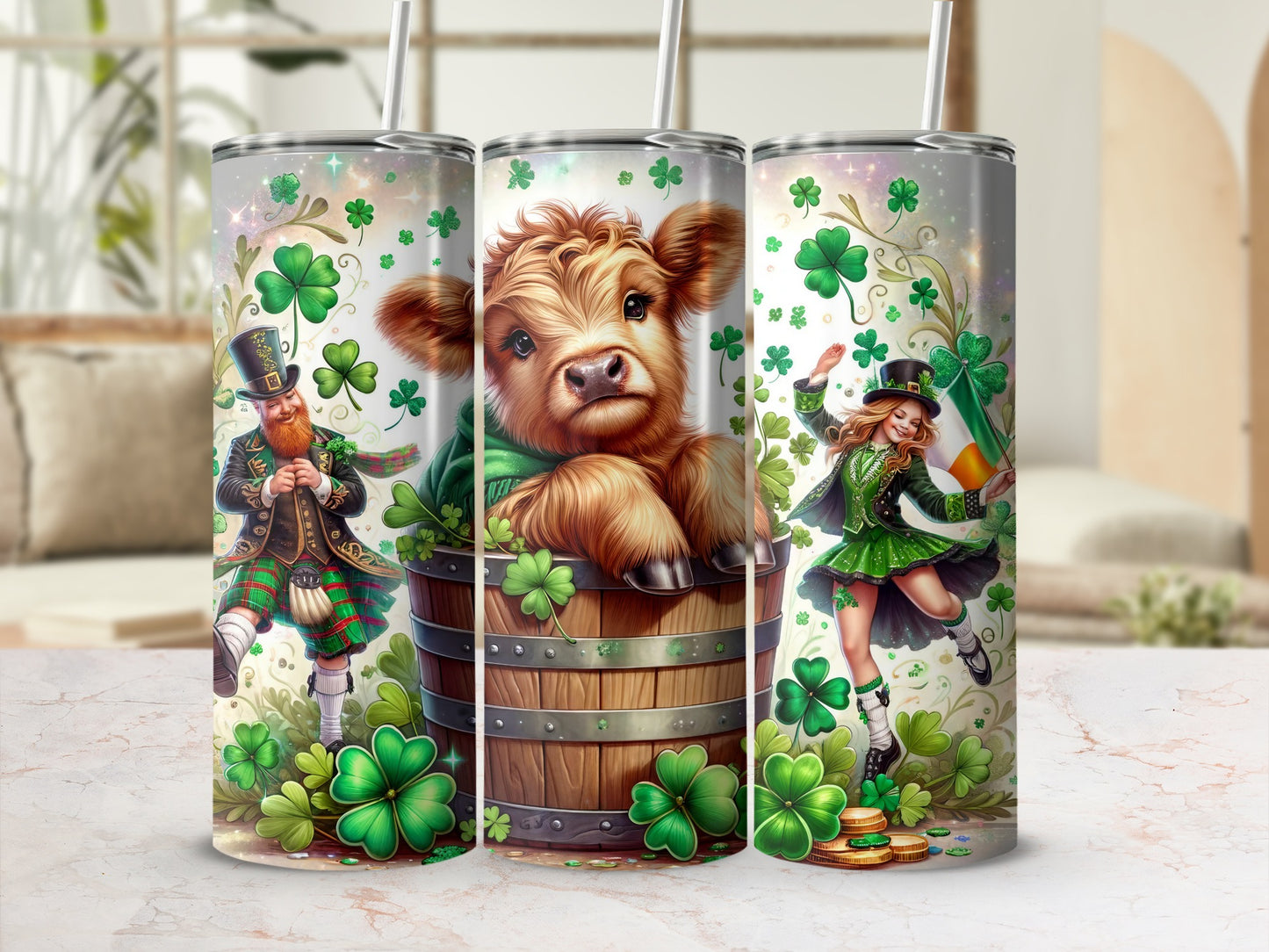 Saint Patrick's Day tumbler with leprechaun, cow, and dancing woman.