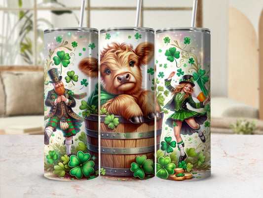 Saint Patrick's Day tumbler with leprechaun, cow, and dancing woman.