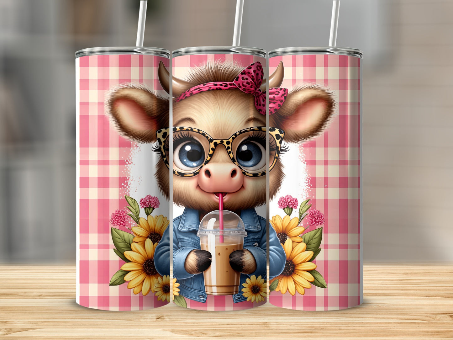 Cute cartoon cow with glasses drinking iced coffee, surrounded by sunflowers.