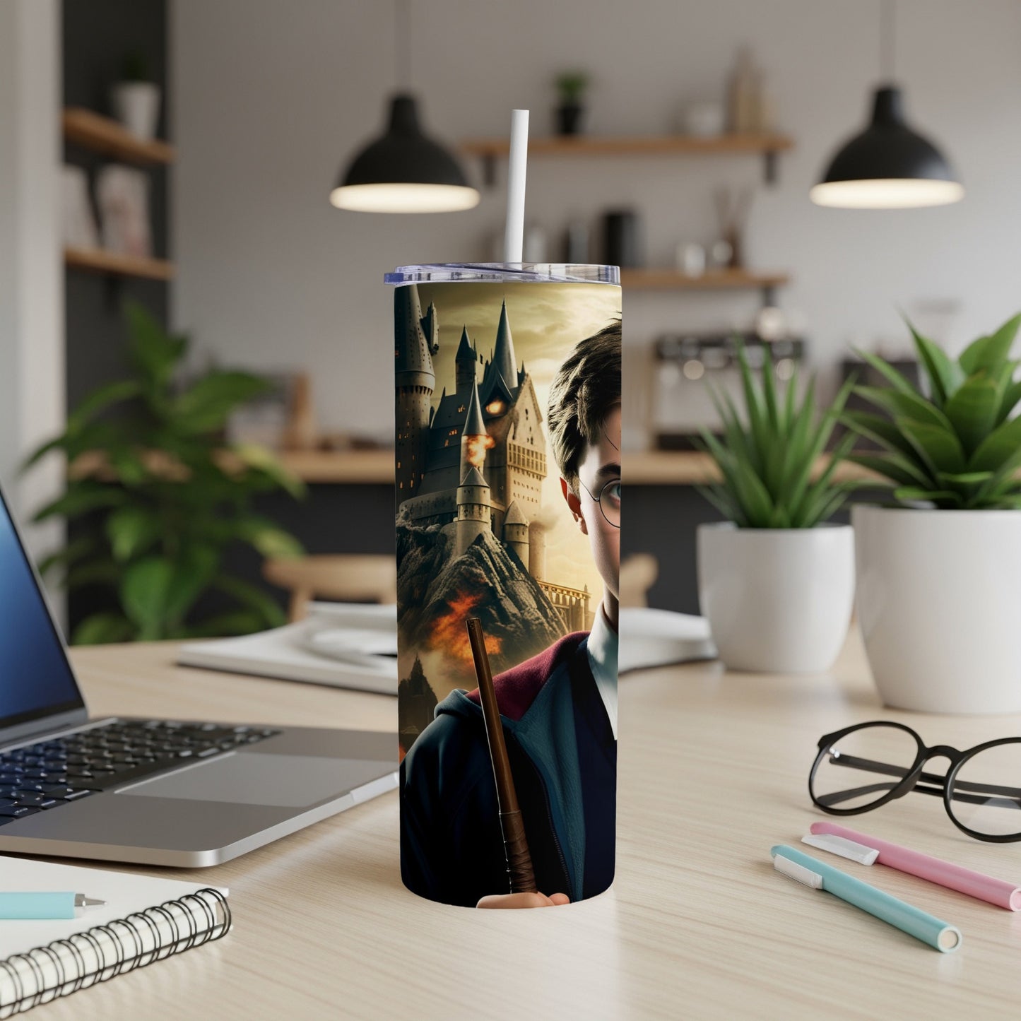 Harry Potter with wand and Hogwarts castle, on a tumbler.