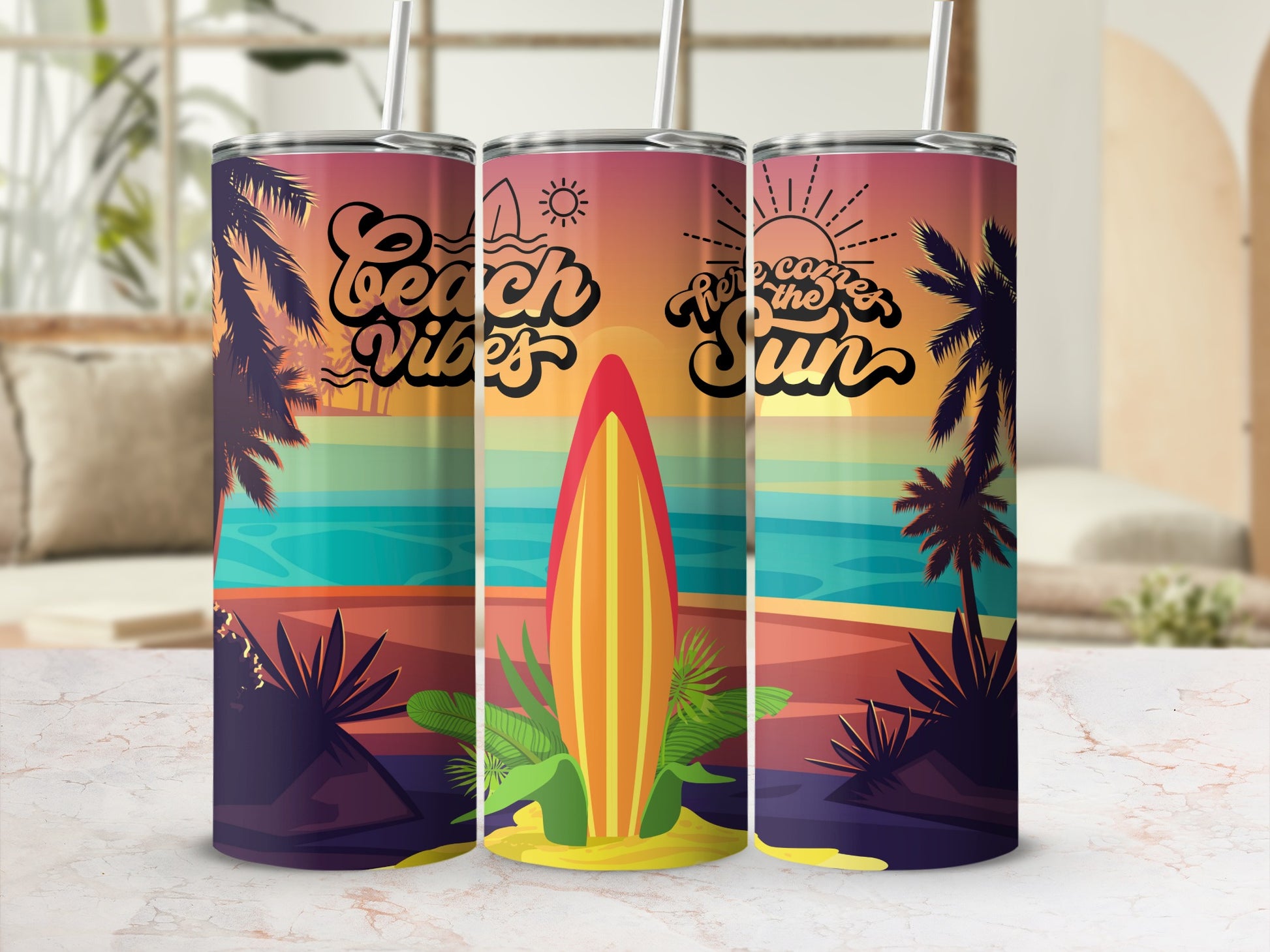 Beach Vibes Retro Sunset Tropical Tumbler