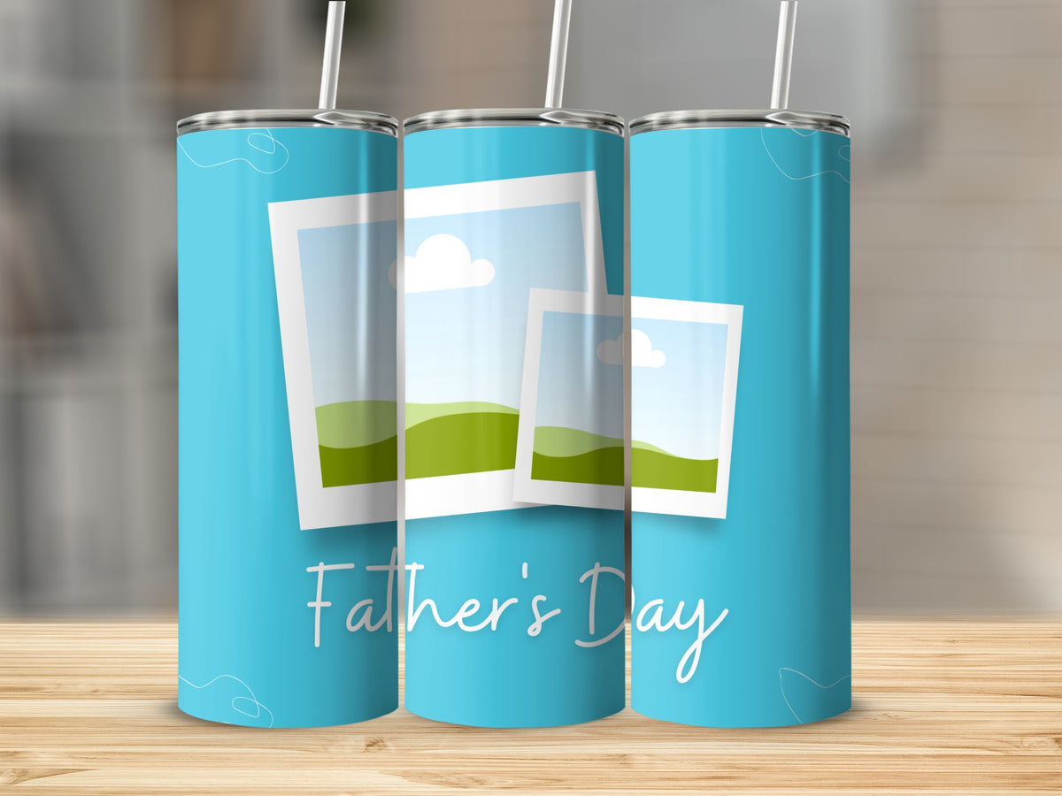 Three blue tumblers with photo frame designs and "Father's Day" text.