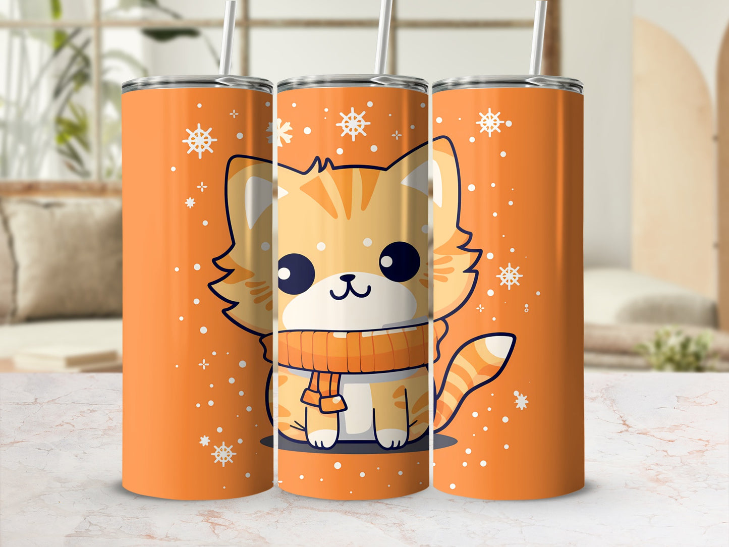 Cute orange tabby cat in a scarf with snowflakes.