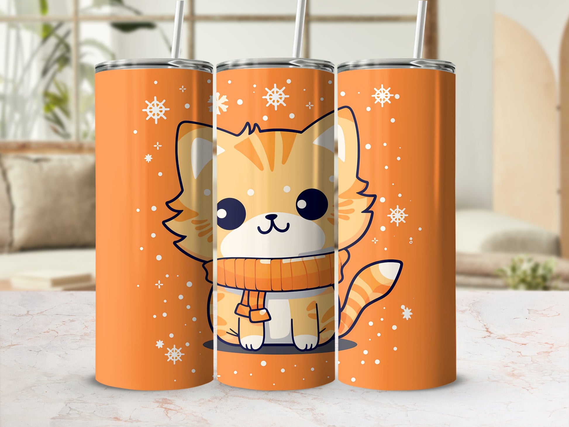 Cute orange tabby cat in a scarf with snowflakes.